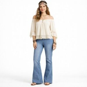 WE THE FREE People Penny Pull-On Flare Jean Sz 27 Blue Denim Mid-Rise Slim Boho